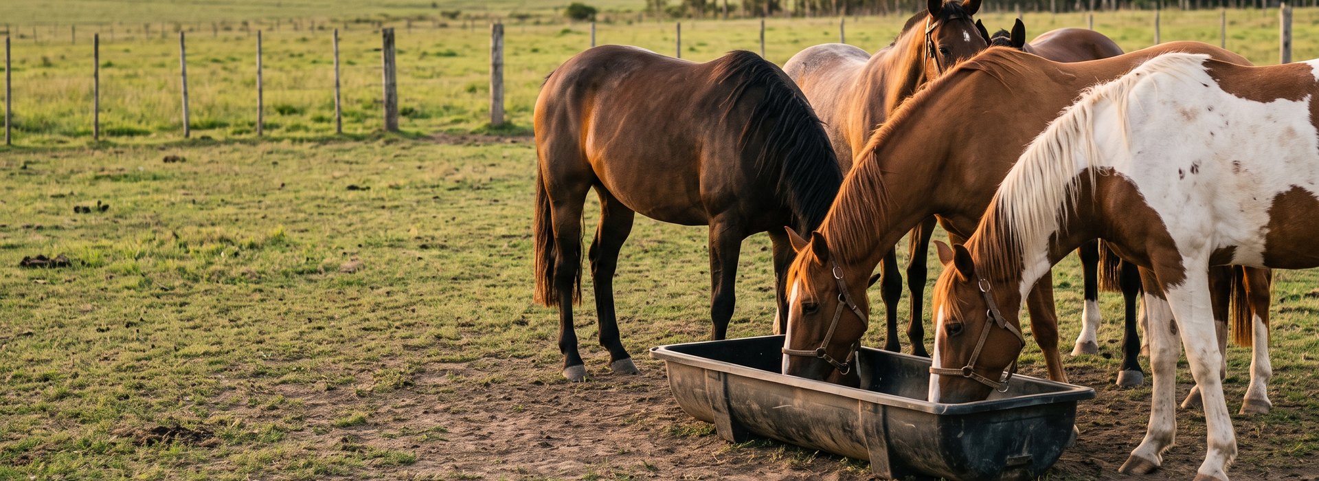Caballos comiendo pellet de alfalfa en una batea, en un campo de Uruguay