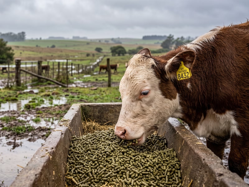 Ternero Hereford comiendo pellet de alfalfa en una batea, con el campo anegado detrás