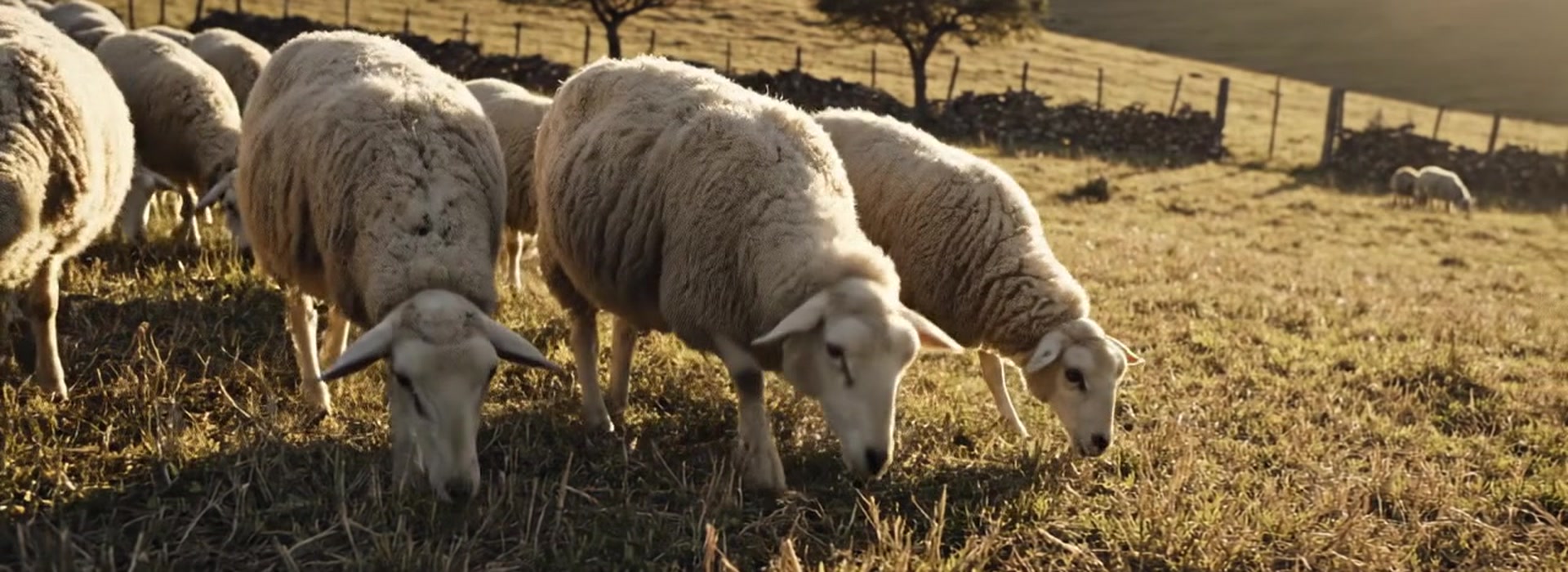 Majada de ovejas pastando en un campo de Uruguay al atardecer
