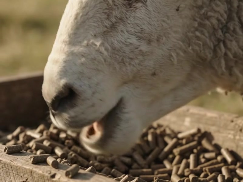 Oveja comiendo pellet de alfalfa de 8 mm en una batea de madera